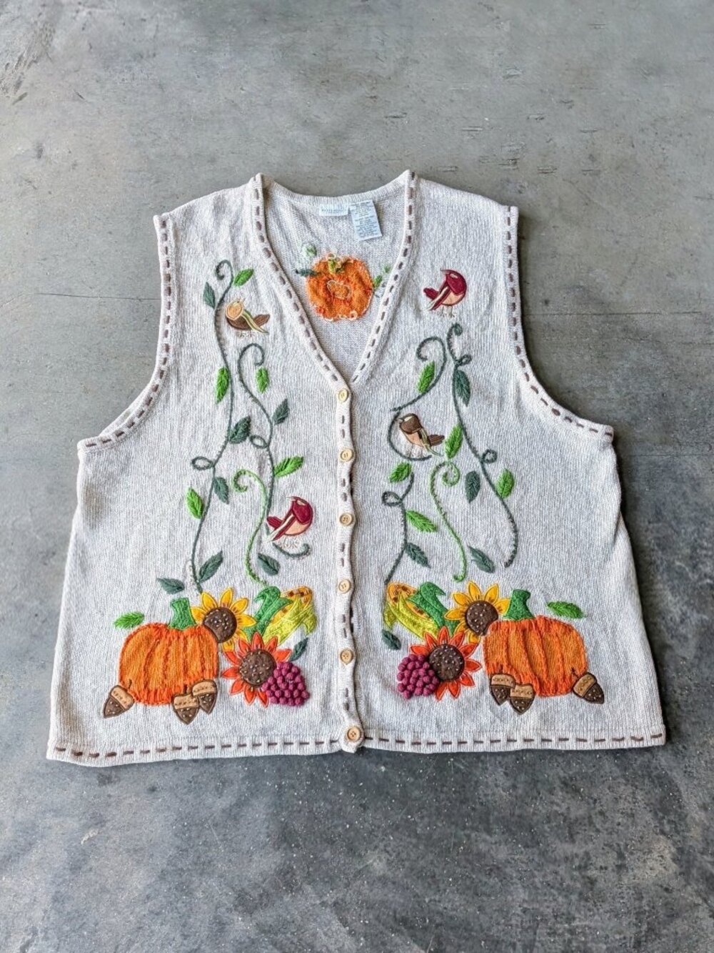 Vintage Cottagecore Fall Pumpkin Sunflower Birds Embroidered Sweater Vest 26W